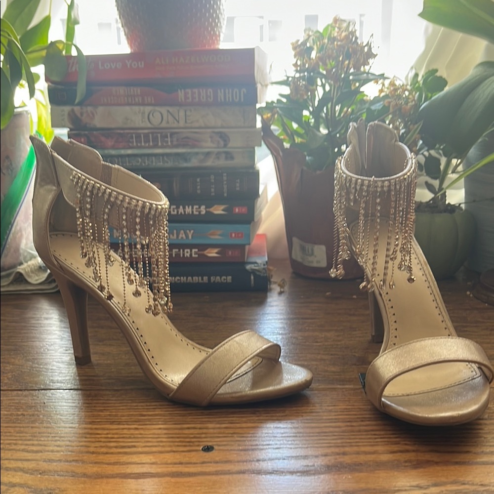 Elegant Gold Stiletto Heels with Beaded Fringe